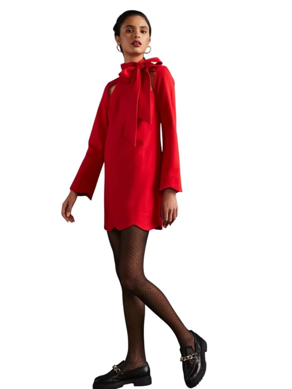 Maeve By Anthropologie Red Bow-Neck Mini Dress Scalloped Hem SZ M  Long sleeve